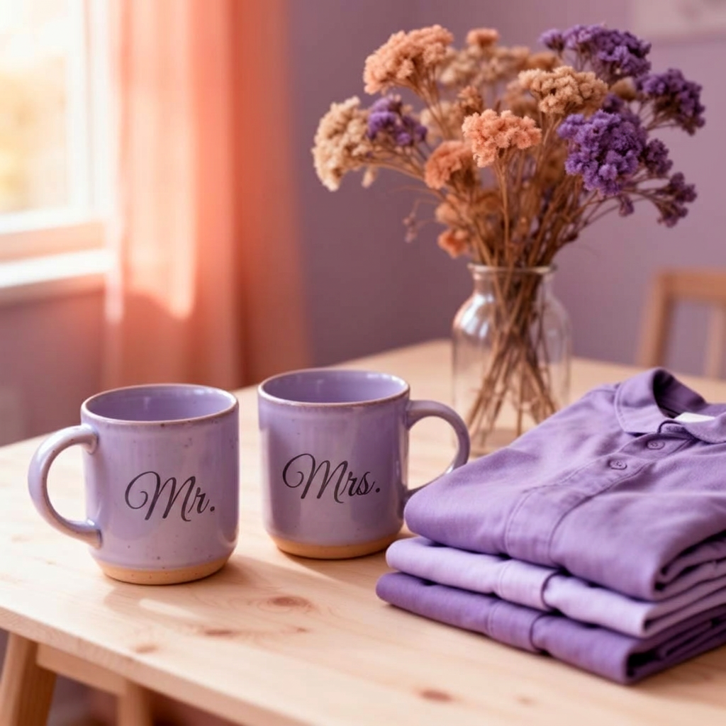 Mottie's studio table with handmade mugs, folded apparel, and dried florals